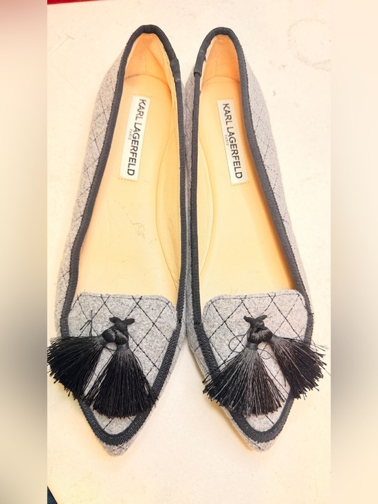 Karl Lagerfeld Shoes - Karl Lagerfeld Gray Quilted Pointed Flats with Black Tassels